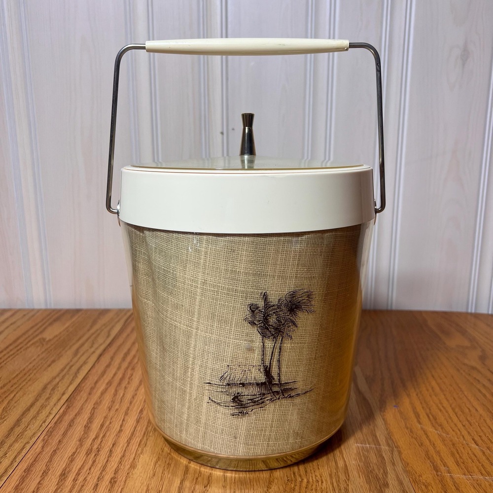 VTG Faux Rattan Ice Bucket Palm Tree Tiki Scene Mid Century Barware  Retro